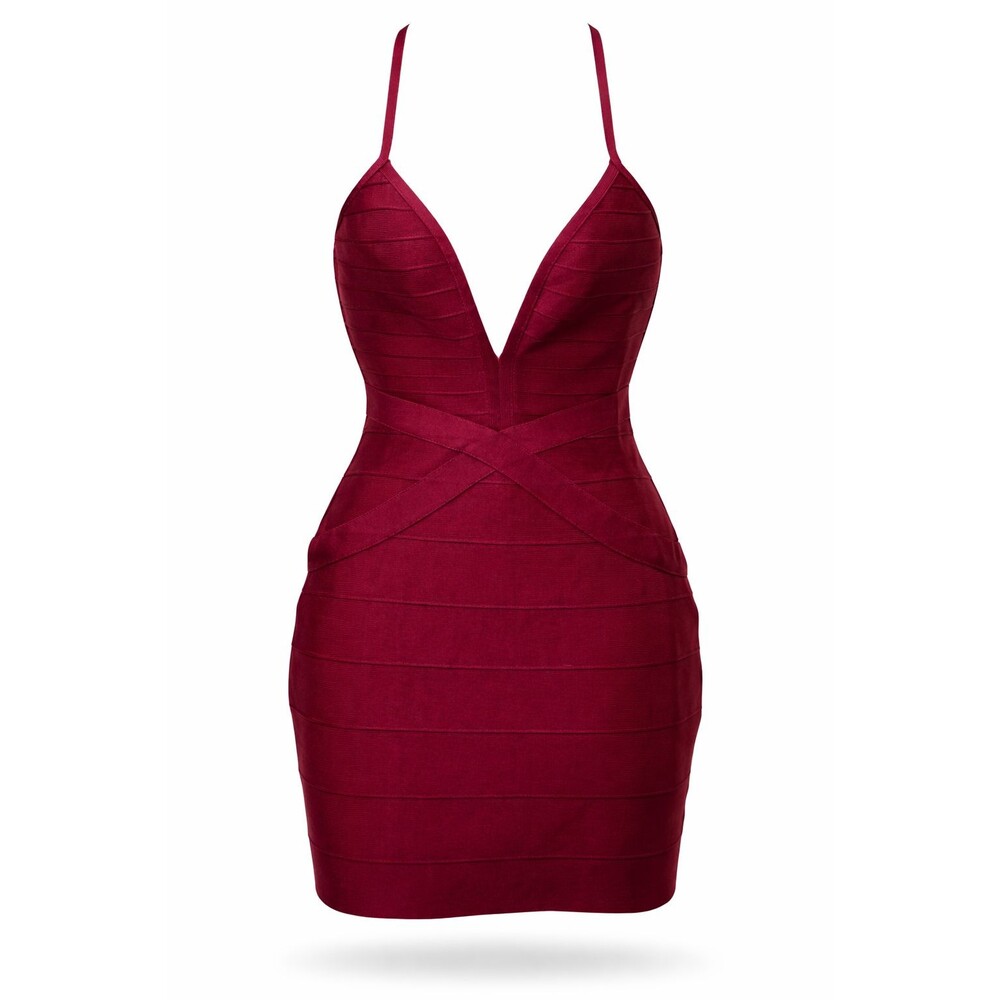 New HMS Hot Miami Styles Wine Red Bandage Bodycon Mini Dress Deep V Backless L